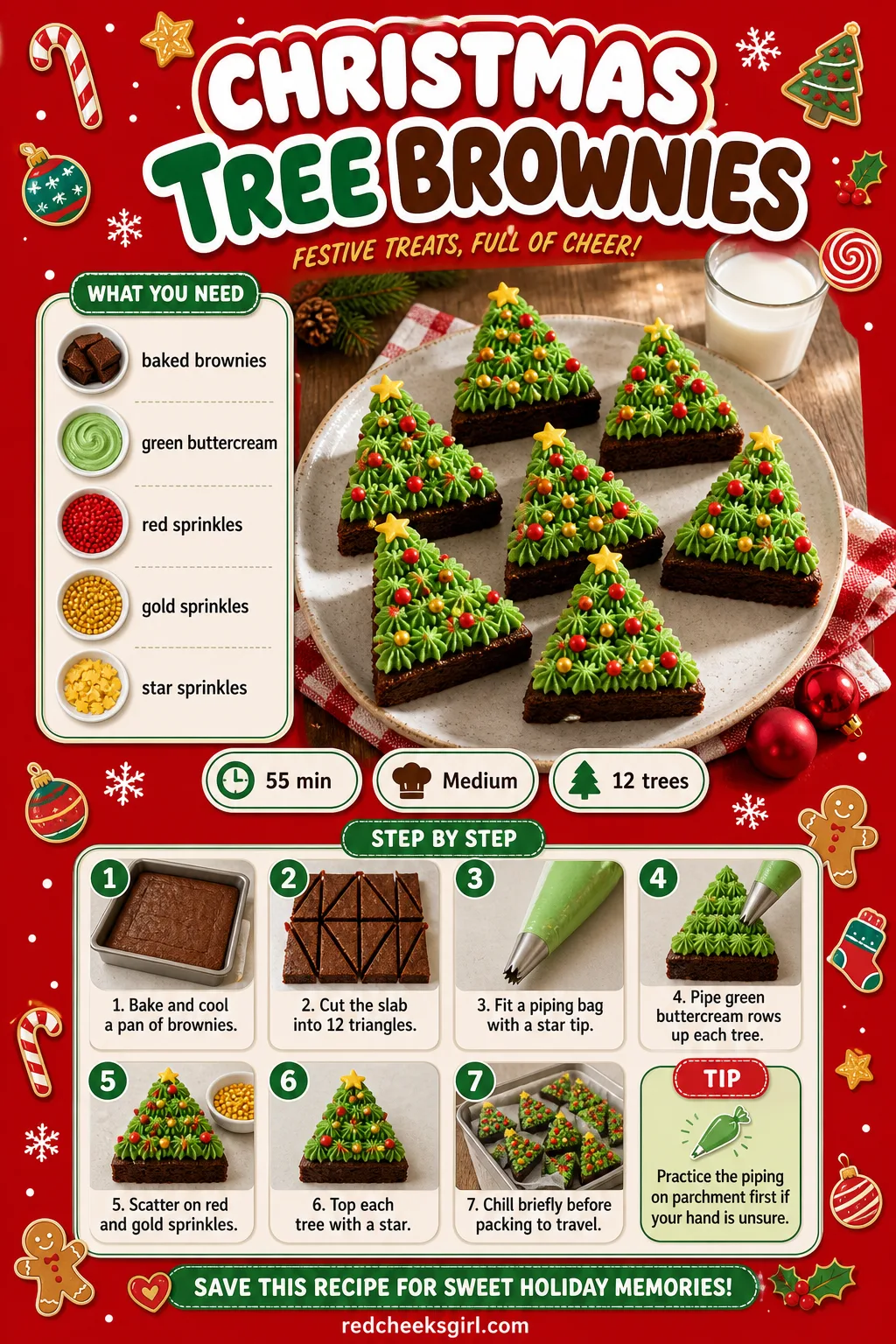Christmas Tree Brownies Recipe Card printable sheet — Prep time, ingredients and numbered steps for easy printing. Christmas party desserts