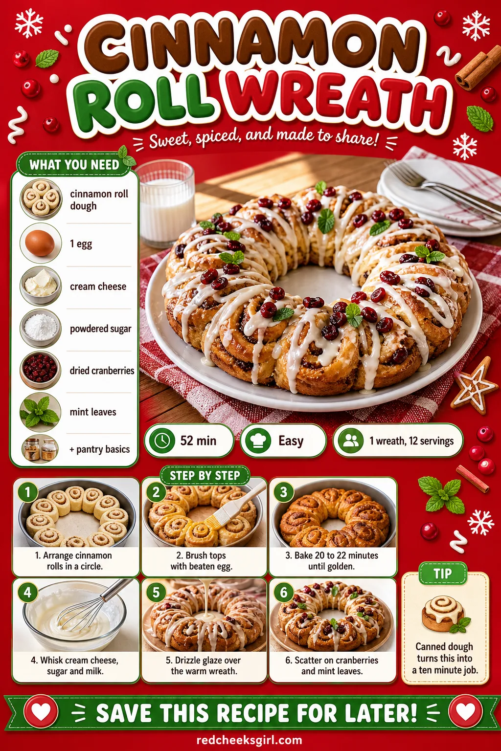 Cinnamon Roll Wreath Recipe Card printable sheet — Prep time, ingredients and numbered steps for easy printing. Christmas party desserts
