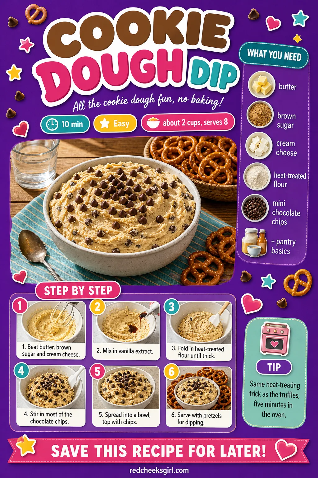 Cookie Dough Dip Recipe Card printable sheet — Prep time, ingredients and numbered steps for easy printing. Christmas party desserts