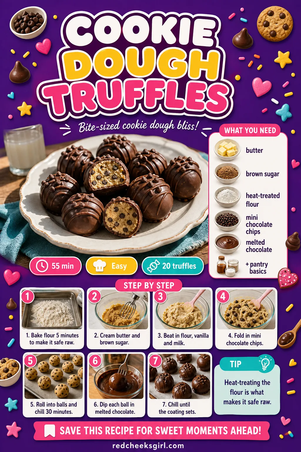 Cookie Dough Truffles Recipe Card printable sheet — Prep time, ingredients and numbered steps for easy printing. Christmas party desserts