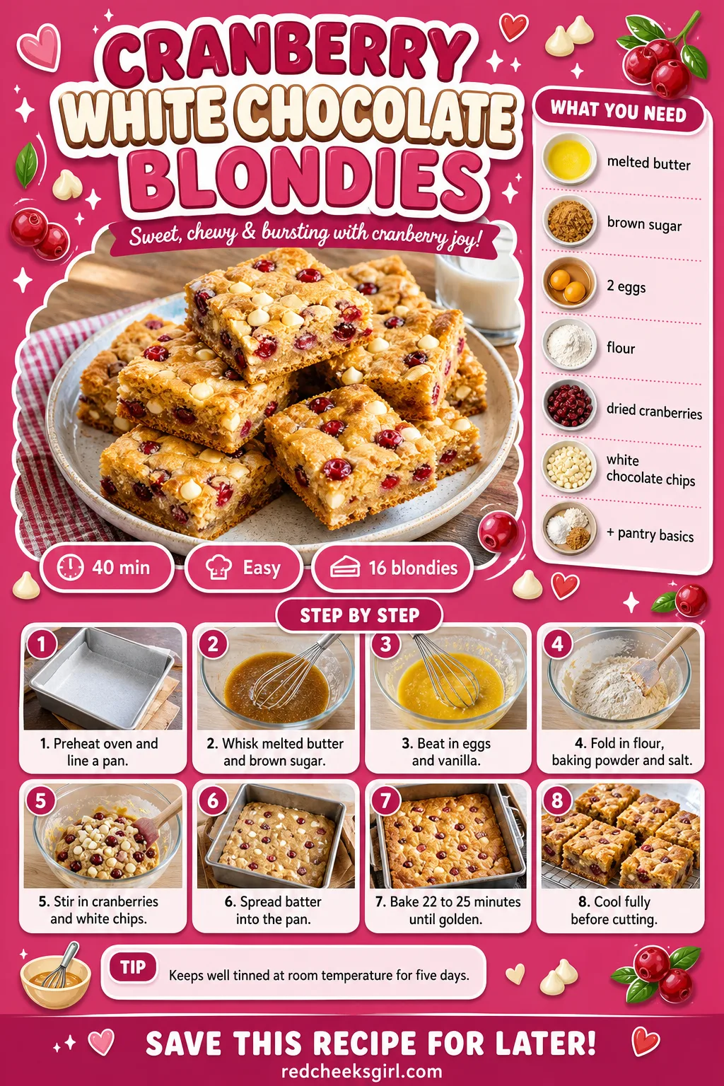 Cranberry White Chocolate Blondies Recipe Card printable sheet — Prep time, ingredients and numbered steps for easy printing. Christmas party desserts