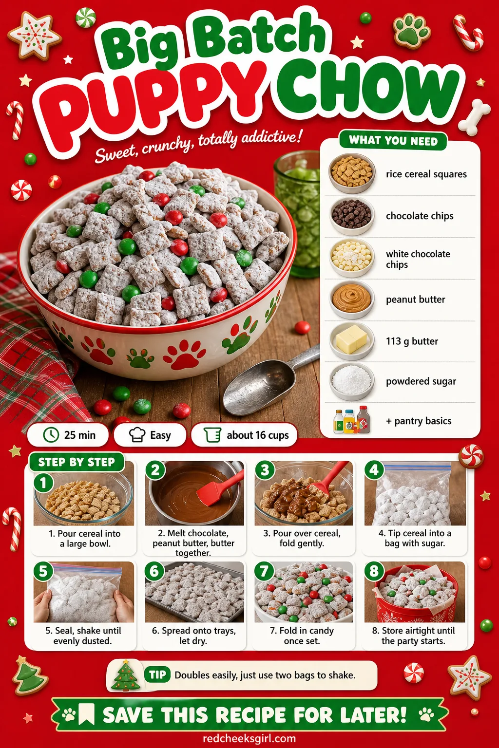 Big Batch Puppy Chow Recipe Card printable sheet — Printable card with photo, ingredient list and method for Big Batch Puppy Chow. Christmas desserts for a
