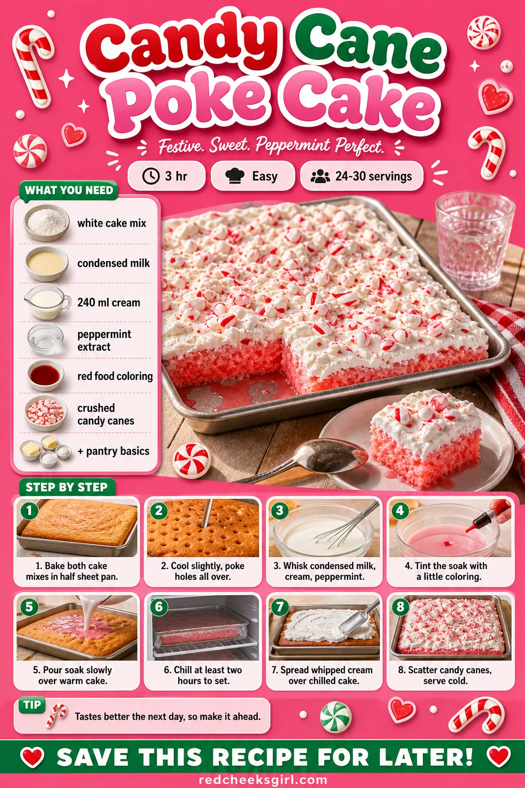 Candy Cane Poke Cake Recipe Card printable sheet — Printable card with photo, ingredient list and method for Candy Cane Poke Cake. Christmas desserts for a