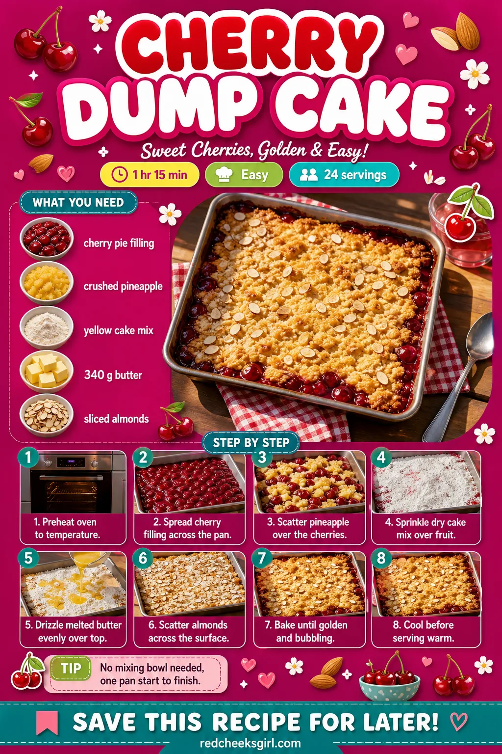 Cherry Dump Cake Recipe Card printable sheet — Printable card with photo, ingredient list and method for Cherry Dump Cake. Christmas desserts for a crowd