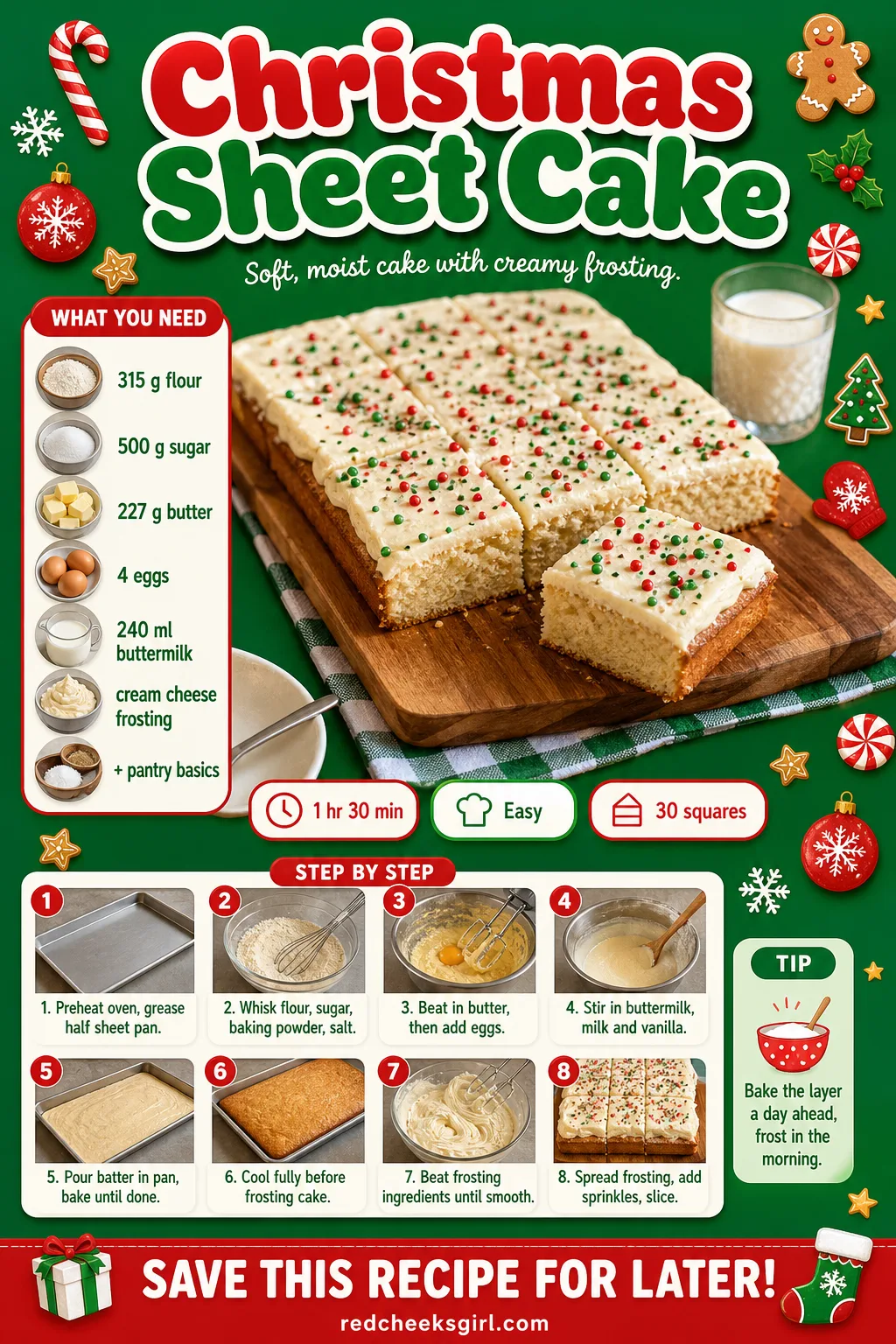 Christmas Sheet Cake Recipe Card printable sheet — Printable card with photo, ingredient list and method for Christmas Sheet Cake. Christmas desserts for a