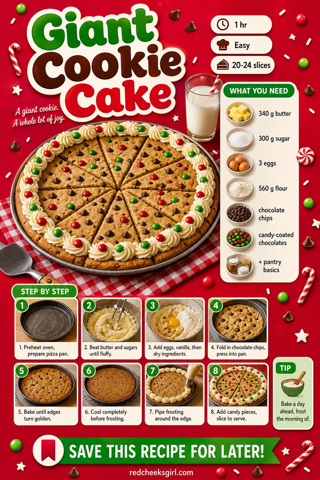 Giant Cookie Cake Recipe Card printable sheet — Printable card with photo, ingredient list and method for Giant Cookie Cake. Christmas desserts for a crowd