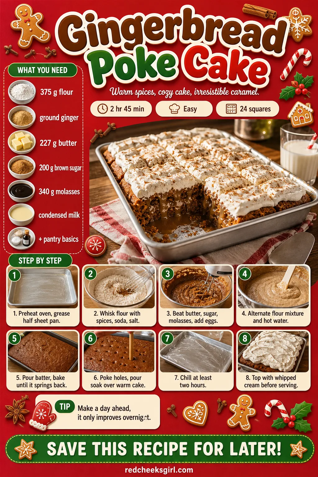Gingerbread Poke Cake Recipe Card printable sheet — Printable card with photo, ingredient list and method for Gingerbread Poke Cake. Christmas desserts for a