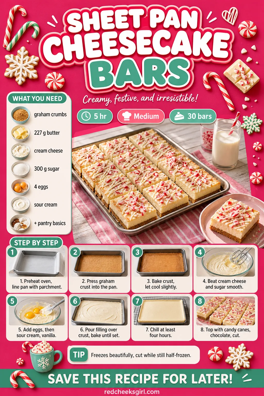 Sheet Pan Cheesecake Bars Recipe Card printable sheet — Printable card with photo, ingredient list and method for Sheet Pan Cheesecake Bars. Christmas desserts