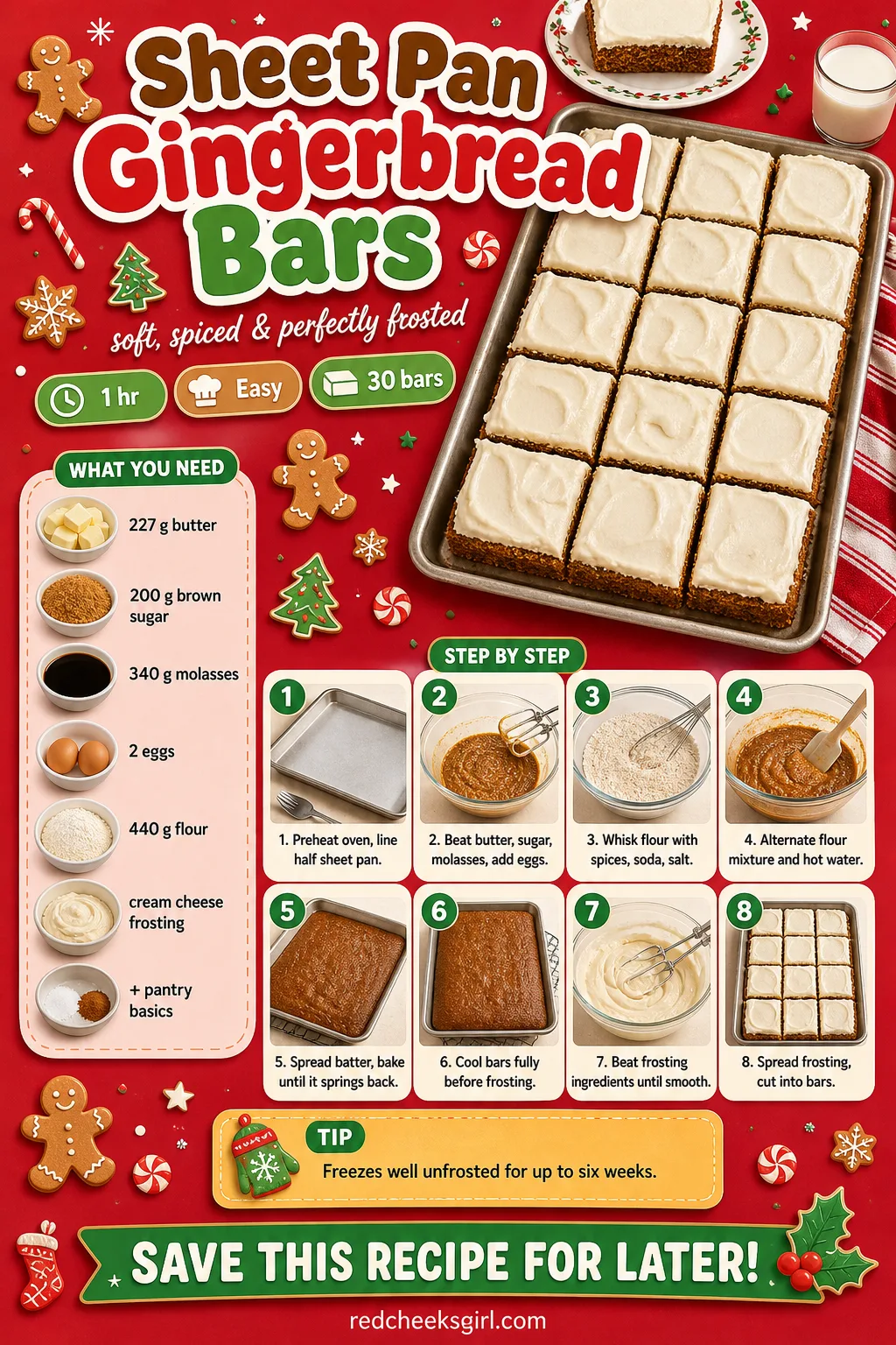 Sheet Pan Gingerbread Bars Recipe Card printable sheet — Printable card with photo, ingredient list and method for Sheet Pan Gingerbread Bars. Christmas