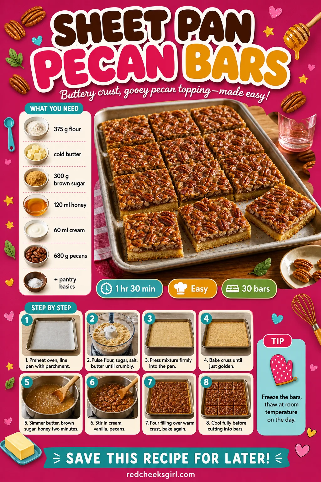 Sheet Pan Pecan Bars Recipe Card printable sheet — Printable card with photo, ingredient list and method for Sheet Pan Pecan Bars. Christmas desserts for a