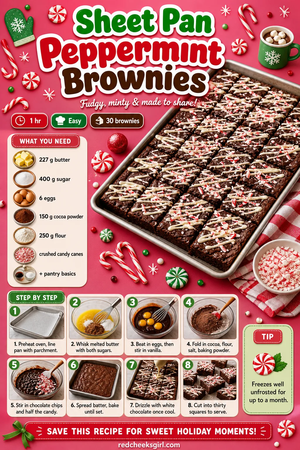 Sheet Pan Peppermint Brownies Recipe Card printable sheet — Printable card with photo, ingredient list and method for Sheet Pan Peppermint Brownies. Christmas
