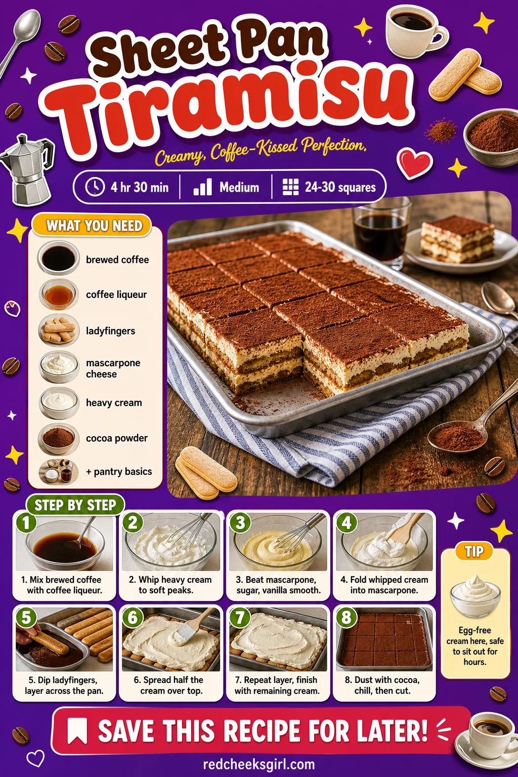 Sheet Pan Tiramisu Recipe Card printable sheet — Printable card with photo, ingredient list and method for Sheet Pan Tiramisu. Christmas desserts for a crowd
