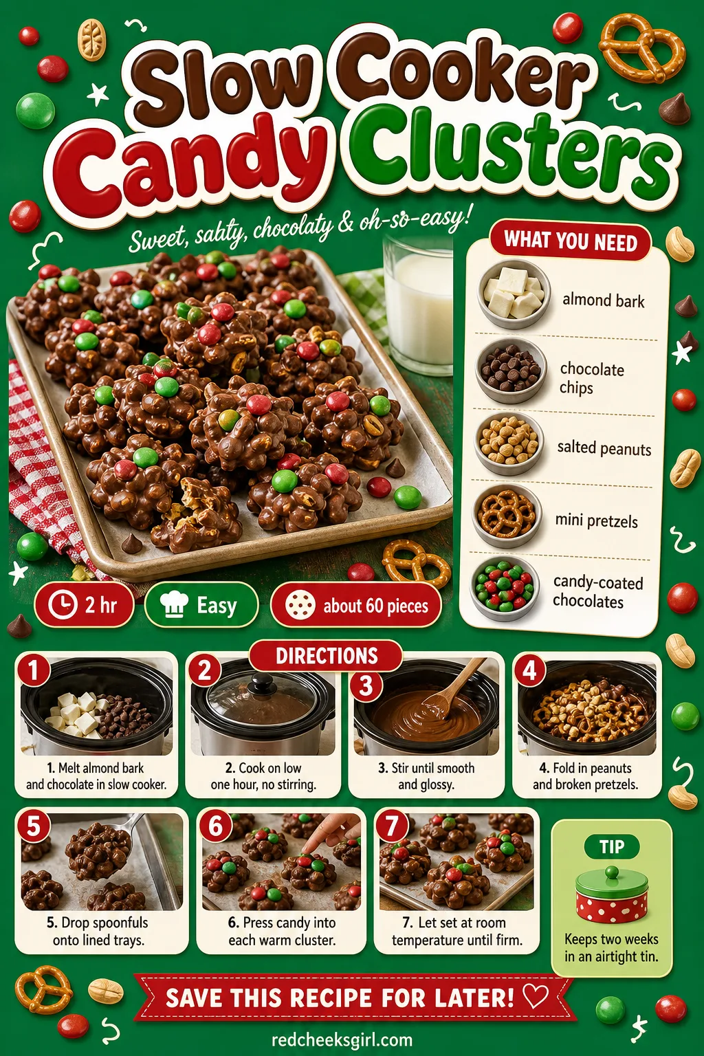 Slow Cooker Candy Clusters Recipe Card printable sheet — Printable card with photo, ingredient list and method for Slow Cooker Candy Clusters. Christmas