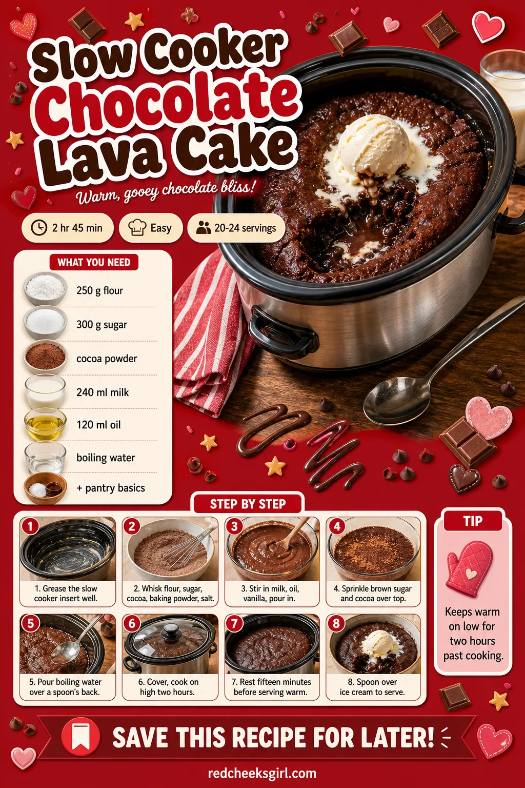 Slow Cooker Chocolate Lava Cake Recipe Card printable sheet — Printable card with photo, ingredient list and method for Slow Cooker Chocolate Lava Cake.