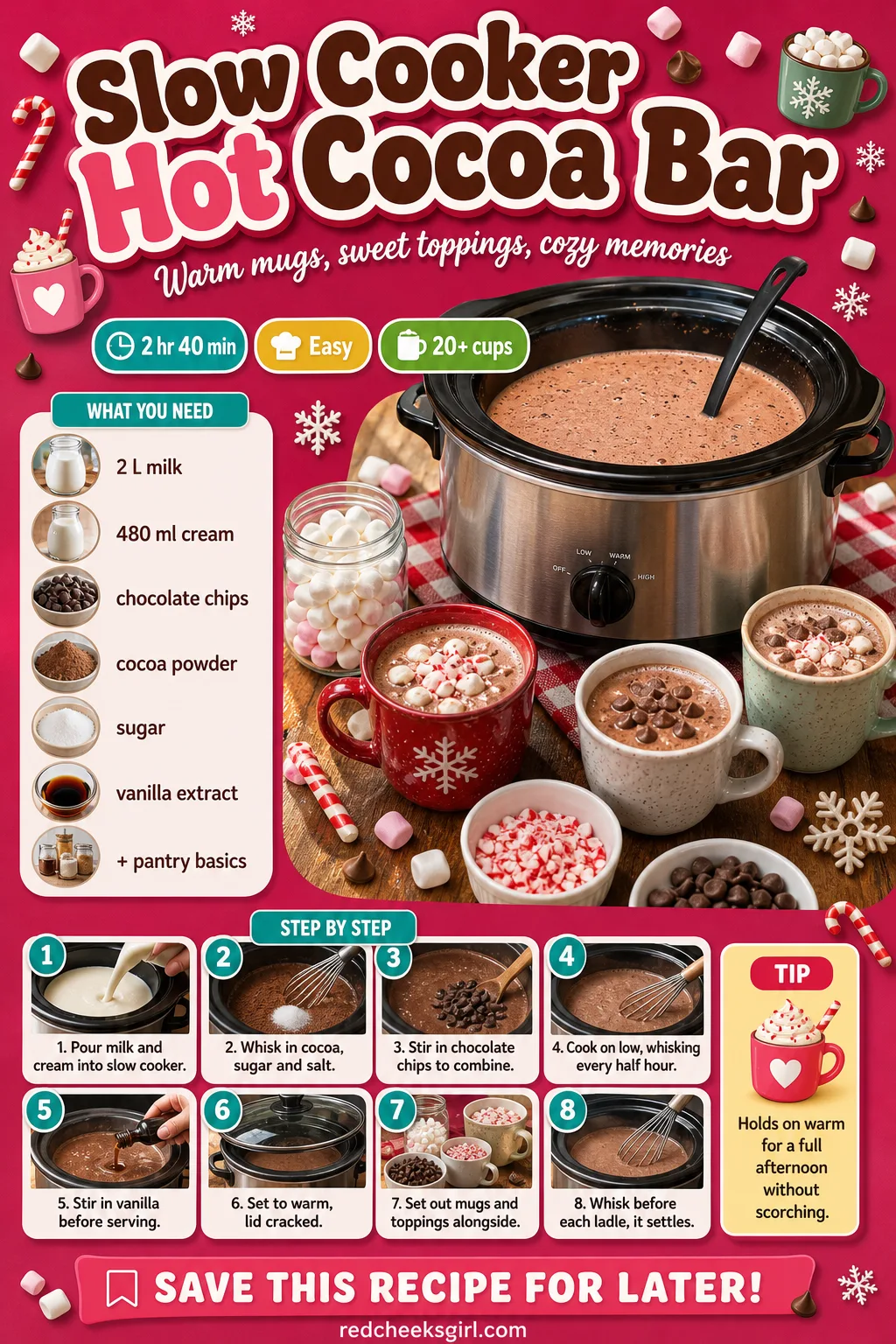 Slow Cooker Hot Cocoa Bar Recipe Card printable sheet — Printable card with photo, ingredient list and method for Slow Cooker Hot Cocoa Bar. Christmas desserts