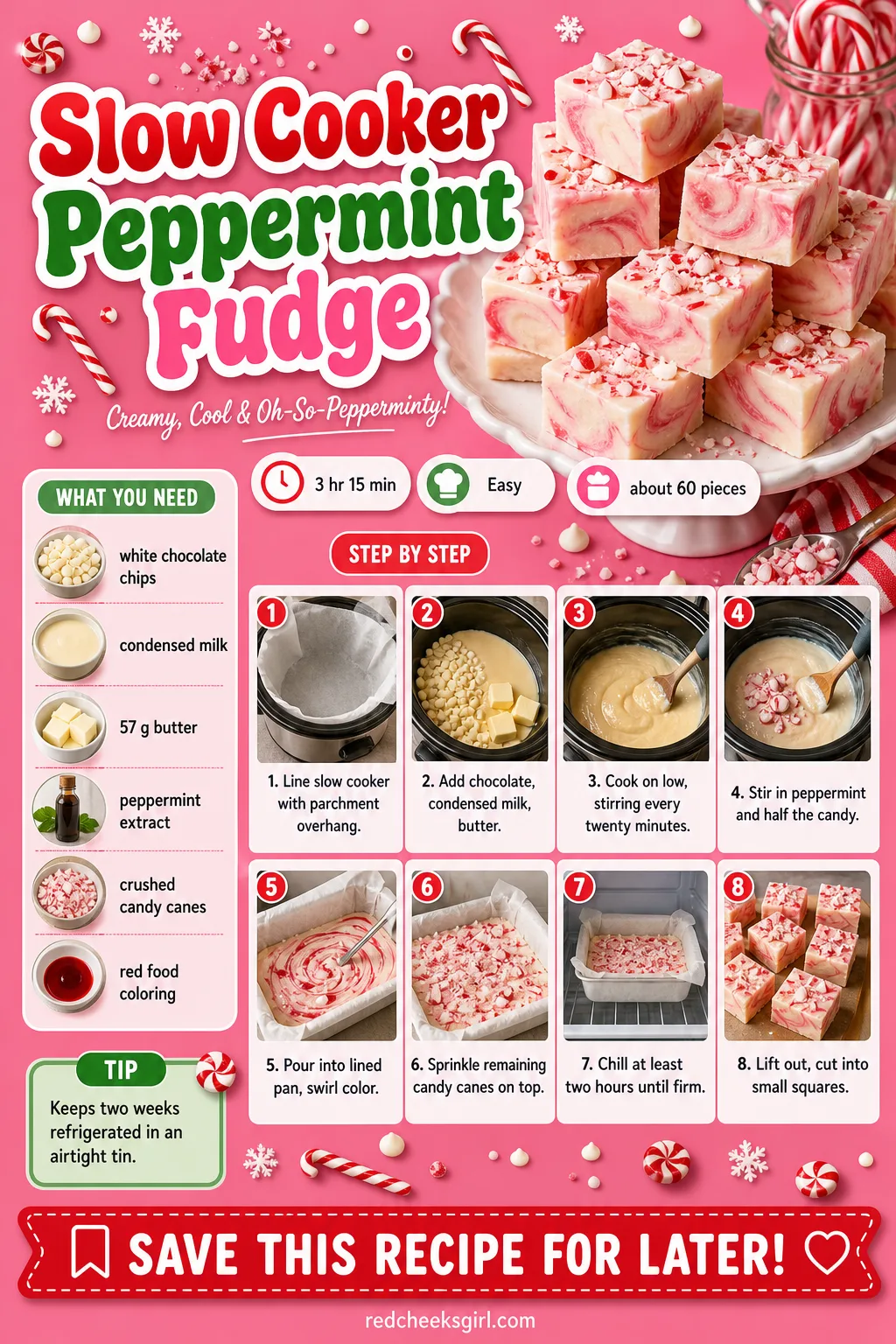 Slow Cooker Peppermint Fudge Recipe Card printable sheet — Printable card with photo, ingredient list and method for Slow Cooker Peppermint Fudge. Christmas