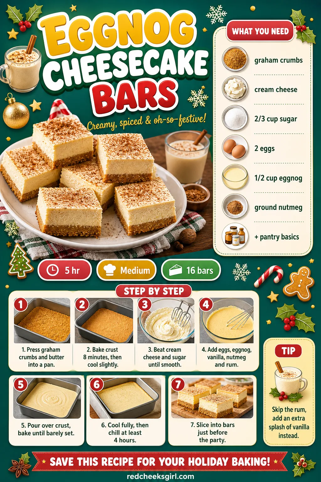 Eggnog Cheesecake Bars Recipe Card printable sheet — Prep time, ingredients and numbered steps for easy printing. Christmas party desserts