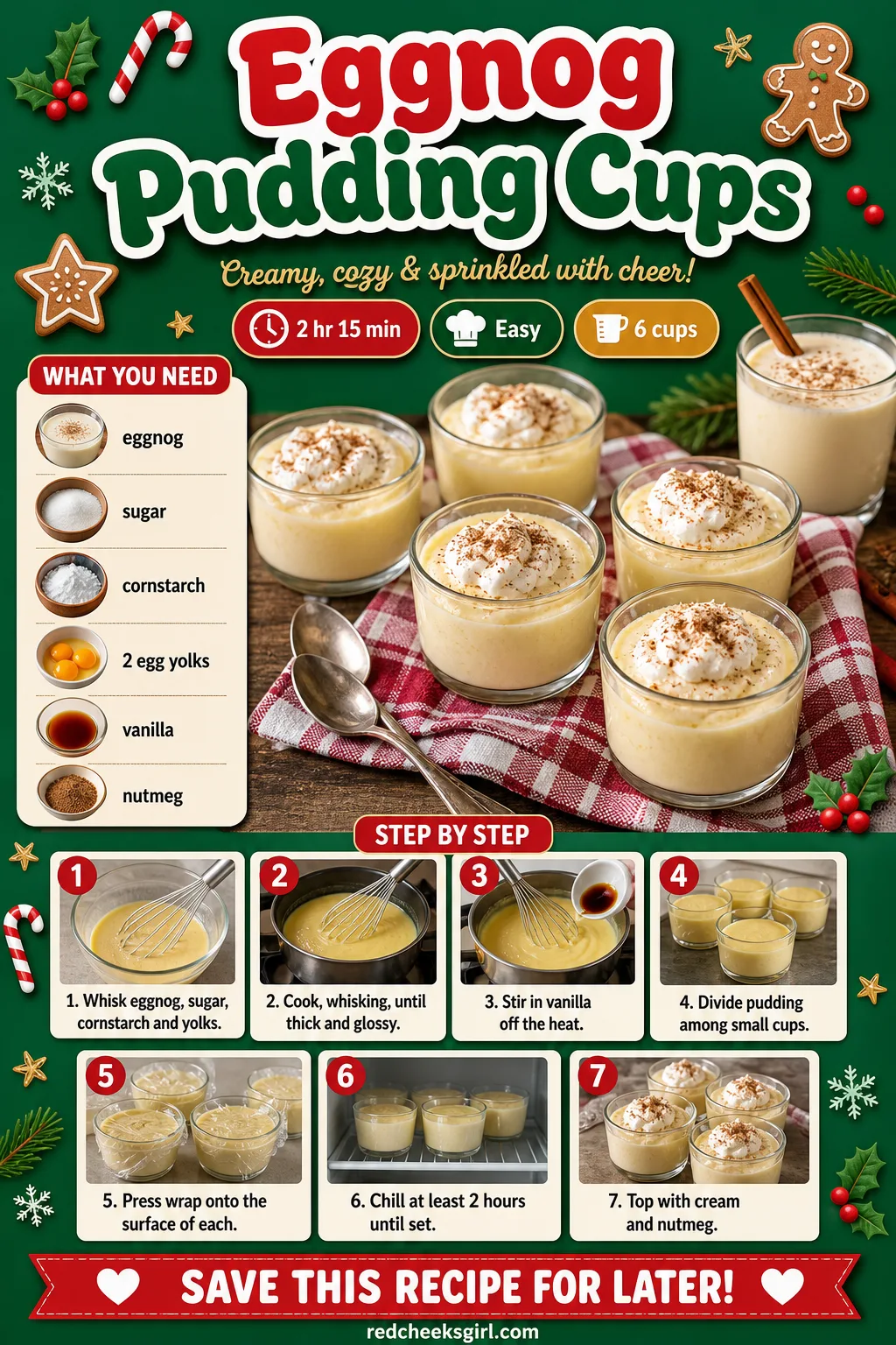 Eggnog Pudding Cups Recipe Card printable sheet — Prep time, ingredients and numbered steps for easy printing. Christmas party desserts