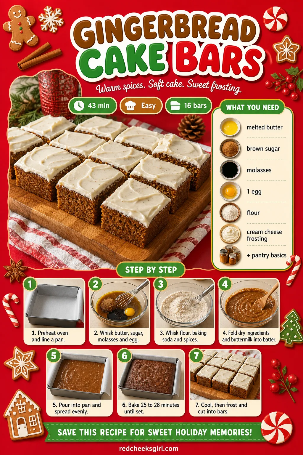 Gingerbread Cake Bars Recipe Card printable sheet — Prep time, ingredients and numbered steps for easy printing. Christmas party desserts