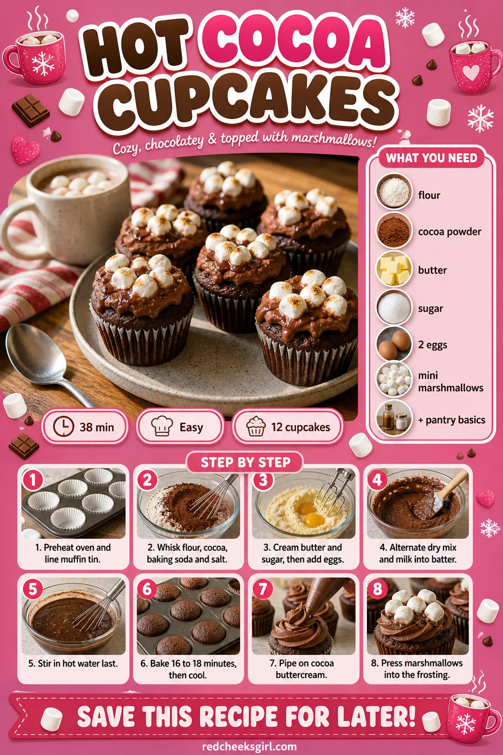 Hot Cocoa Cupcakes Recipe Card printable sheet — Prep time, ingredients and numbered steps for easy printing. Christmas party desserts