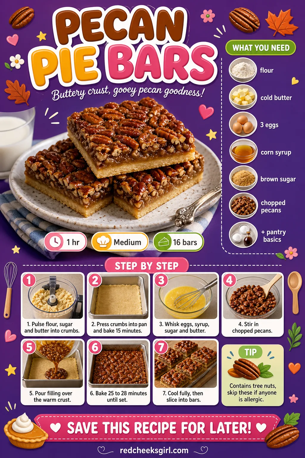 Pecan Pie Bars Recipe Card printable sheet — Prep time, ingredients and numbered steps for easy printing. Christmas party desserts