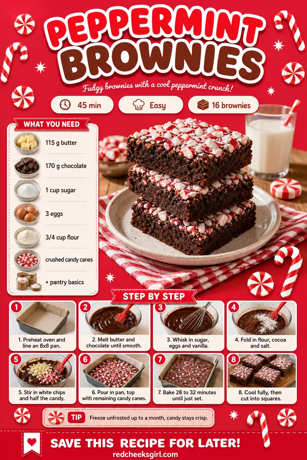 Peppermint Brownies Recipe Card printable sheet — Prep time, ingredients and numbered steps for easy printing. Christmas party desserts
