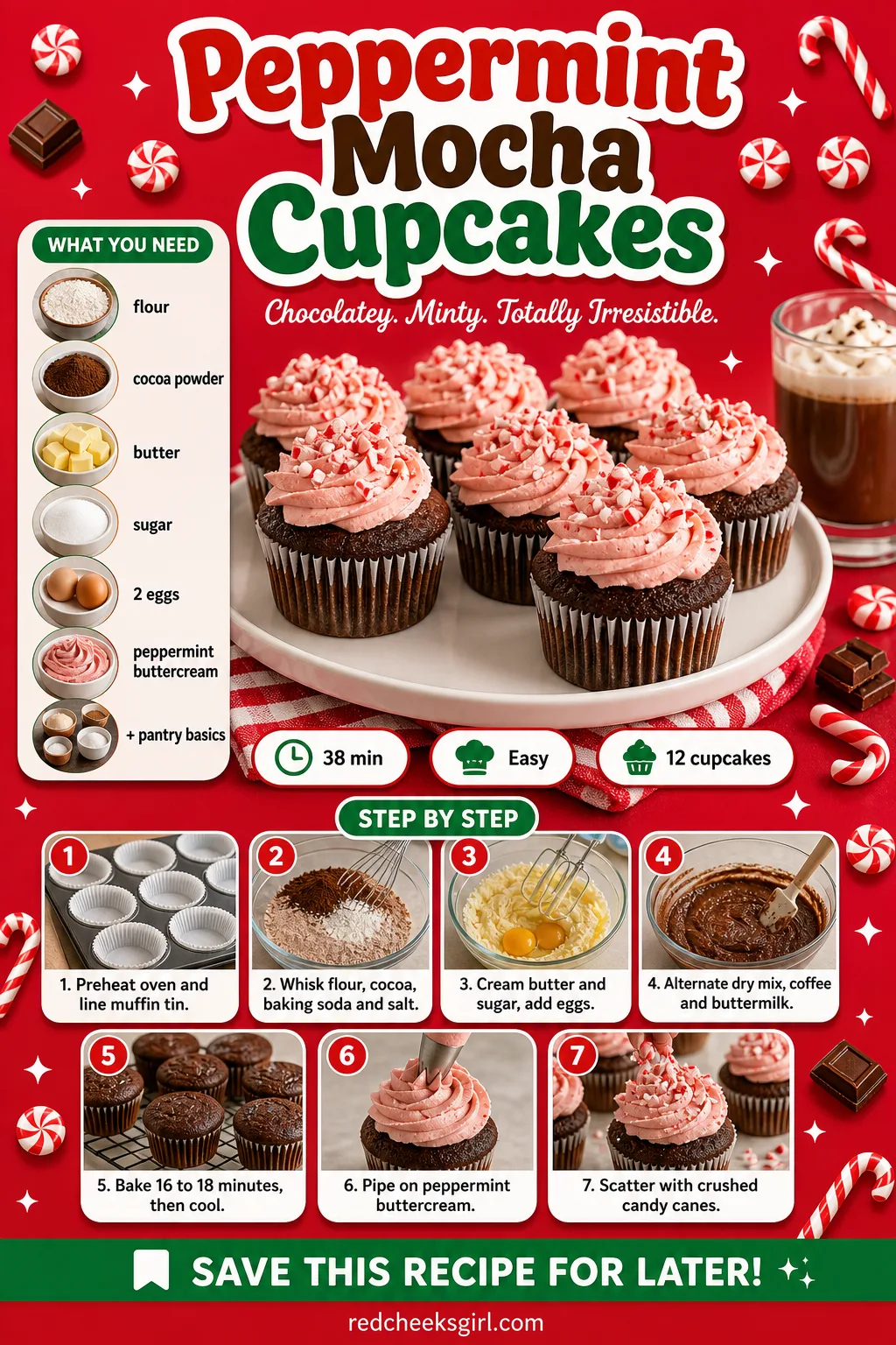 Peppermint Mocha Cupcakes Recipe Card printable sheet — Prep time, ingredients and numbered steps for easy printing. Christmas party desserts