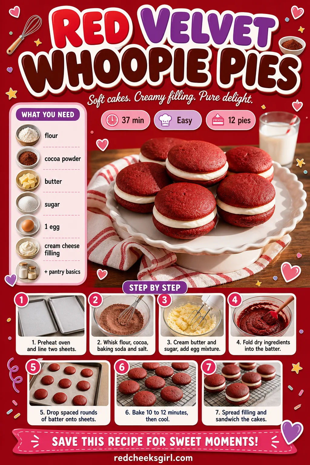Red Velvet Whoopie Pies Recipe Card printable sheet — Prep time, ingredients and numbered steps for easy printing. Christmas party desserts
