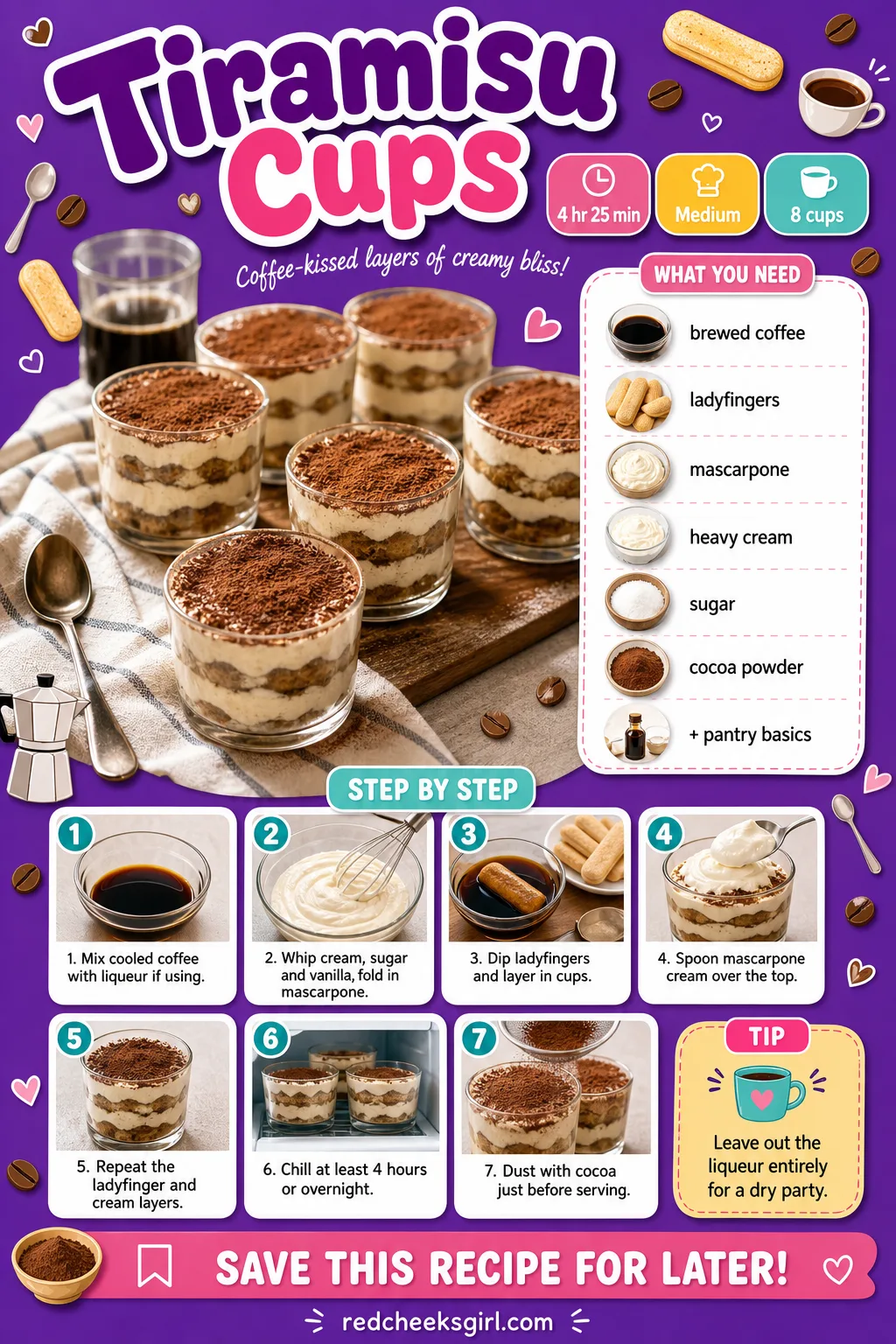 Tiramisu Cups Recipe Card printable sheet — Prep time, ingredients and numbered steps for easy printing. Christmas party desserts