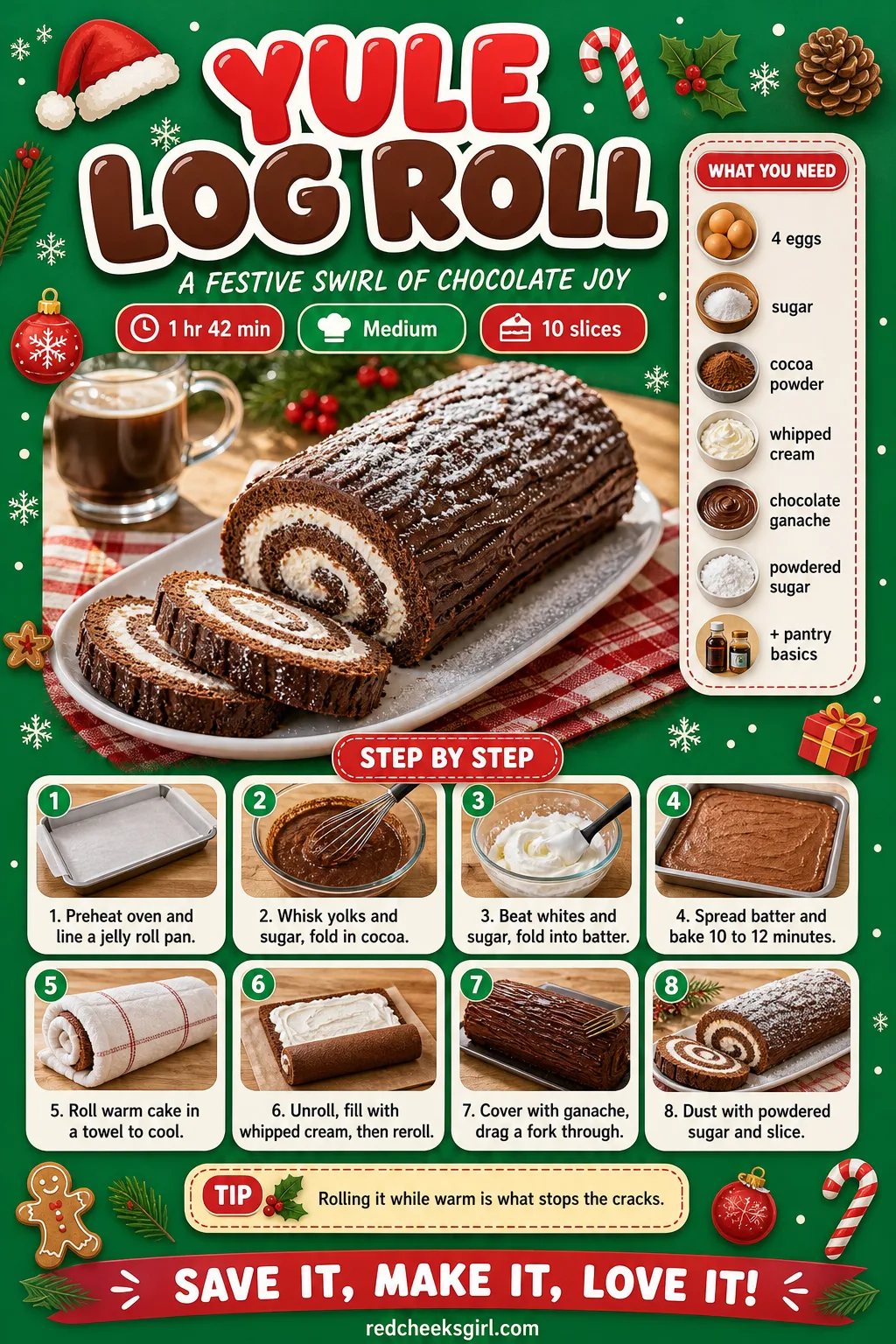 Yule Log Roll Recipe Card printable sheet — Prep time, ingredients and numbered steps for easy printing. Christmas party desserts