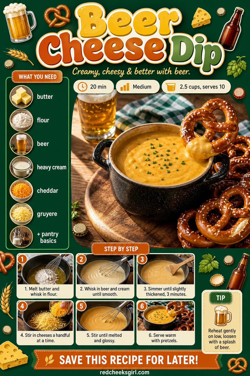 Beer Cheese Dip Recipe Card printable sheet — Printable card with photo, ingredient list and method for beer cheese dip. Christmas dips and appetizers