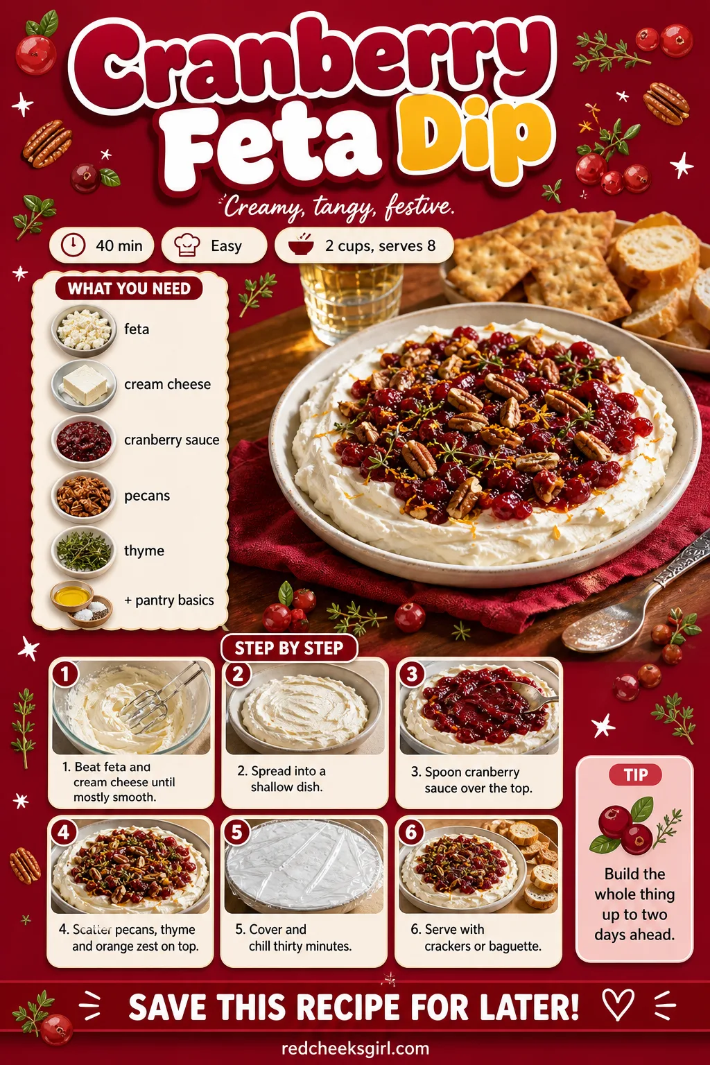 Cranberry Feta Dip Recipe Card printable sheet — Printable card with photo, ingredient list and method for cranberry feta dip. Christmas dips and appetizers