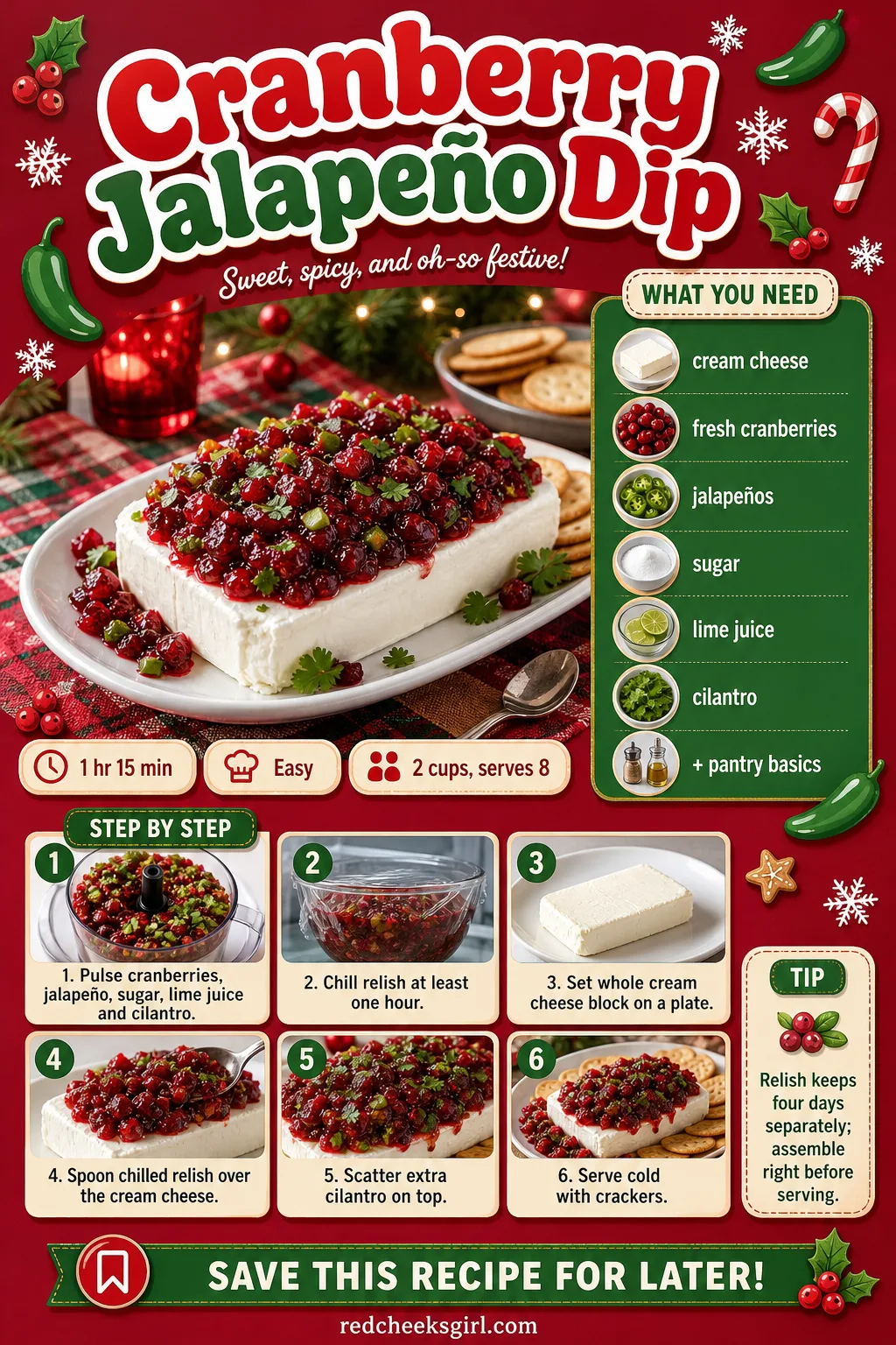 Cranberry Jalapeño Dip Recipe Card printable sheet — Printable card with photo, ingredient list and method for the cranberry jalapeño dip. Christmas dips and