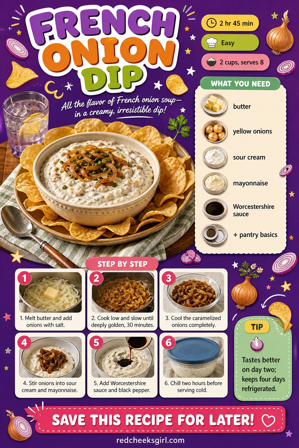 French Onion Dip Recipe Card printable sheet — Printable card with photo, ingredient list and method for French onion dip. Christmas dips and appetizers
