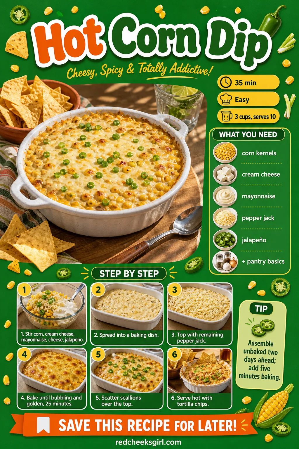 Hot Corn Dip Recipe Card printable sheet — Printable card with photo, ingredient list and method for hot corn dip. Christmas dips and appetizers