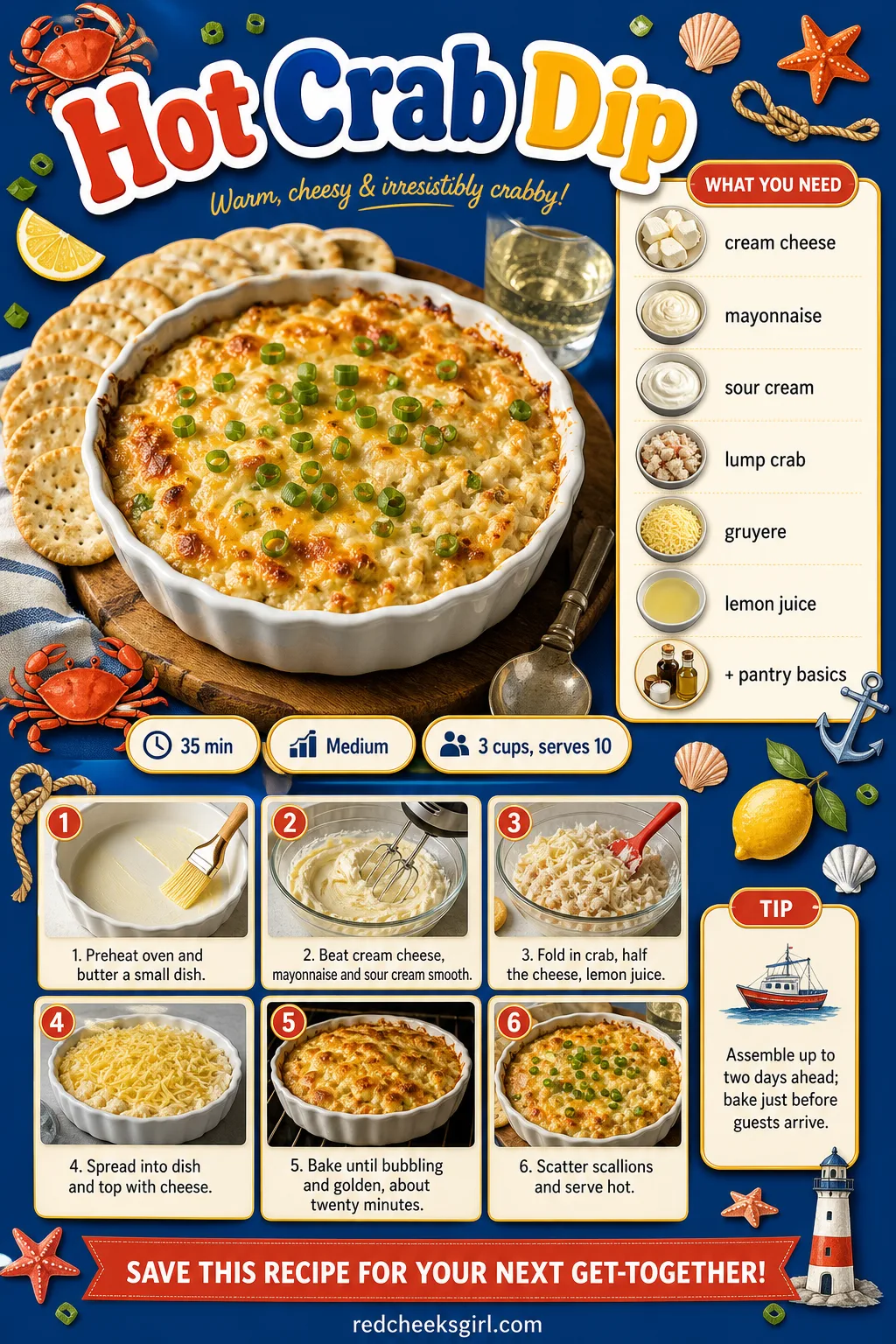 Hot Crab Dip Recipe Card printable sheet — Printable card with photo, ingredient list and method for the hot crab dip. Christmas dips and appetizers