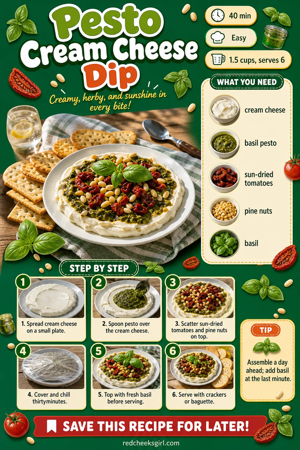 Pesto Cream Cheese Dip Recipe Card printable sheet — Printable card with photo, ingredient list and method for pesto cream cheese dip. Christmas dips and