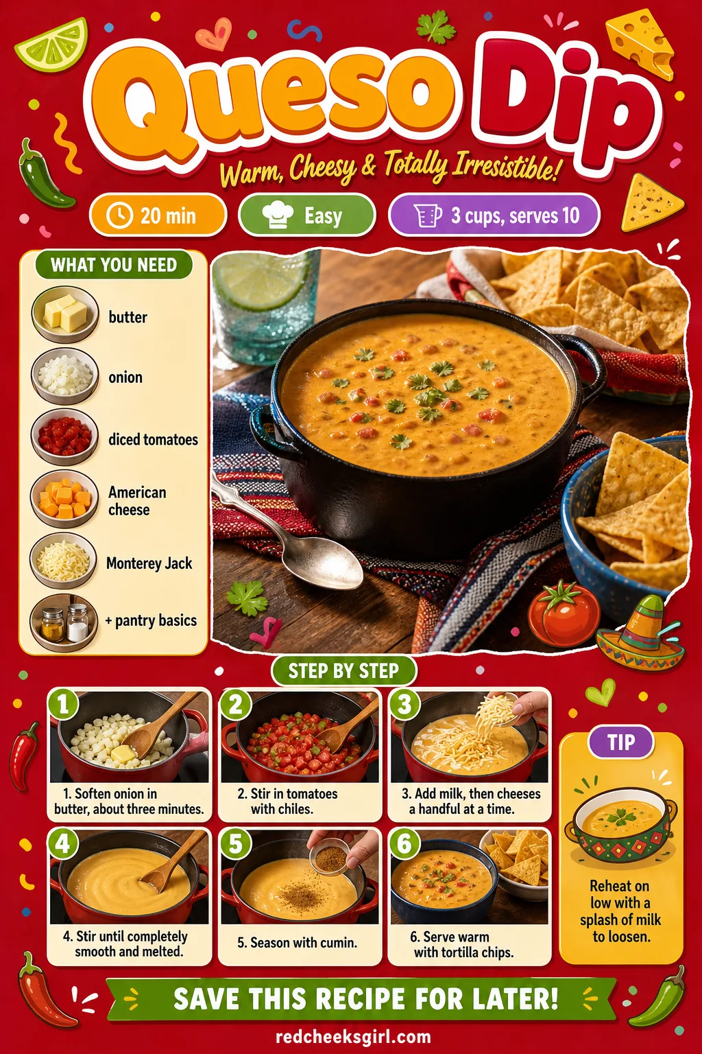 Queso Dip Recipe Card printable sheet — Printable card with photo, ingredient list and method for queso dip. Christmas dips and appetizers