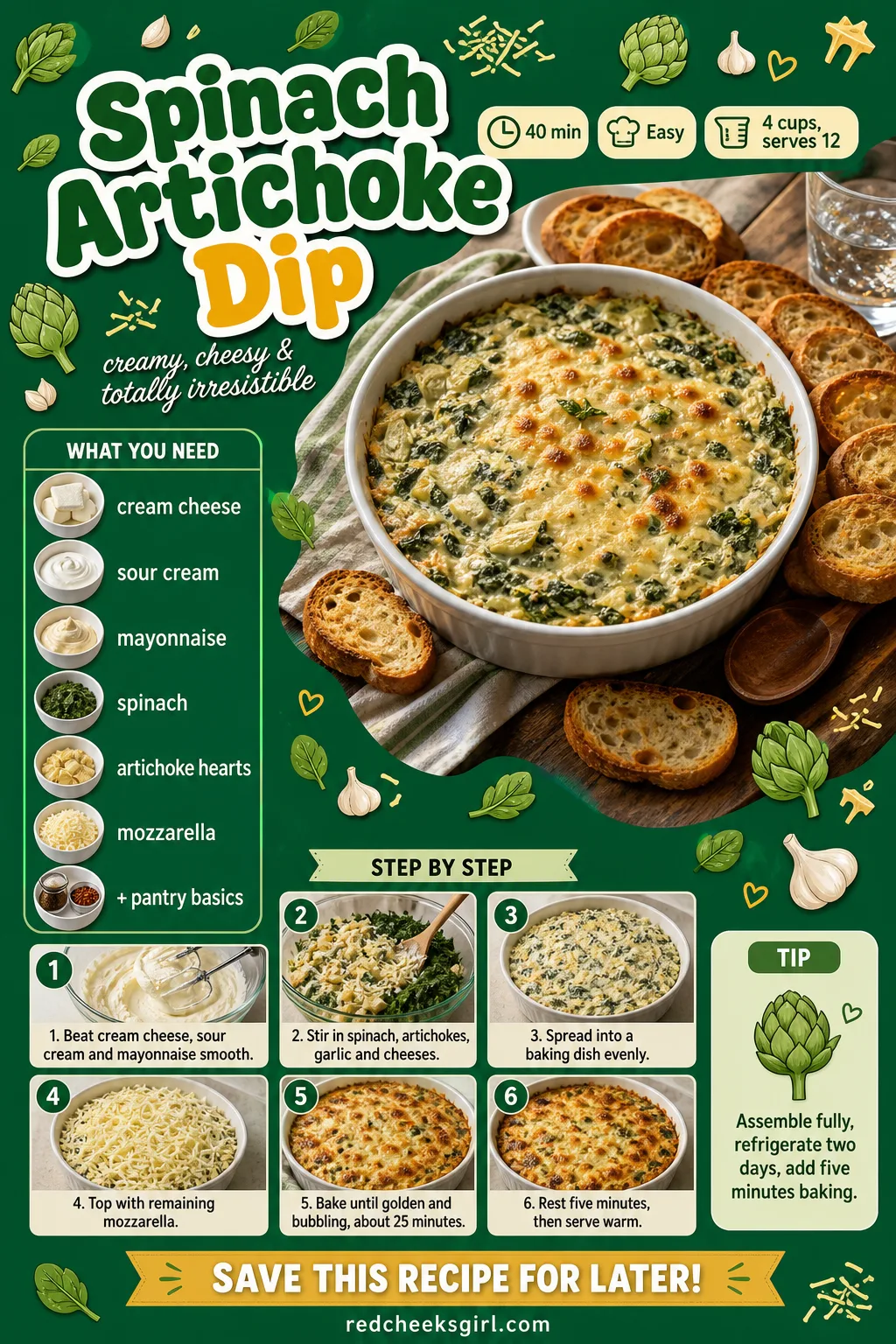 Spinach Artichoke Dip Recipe Card printable sheet — Printable card with photo, ingredient list and method for spinach artichoke dip. Christmas dips and