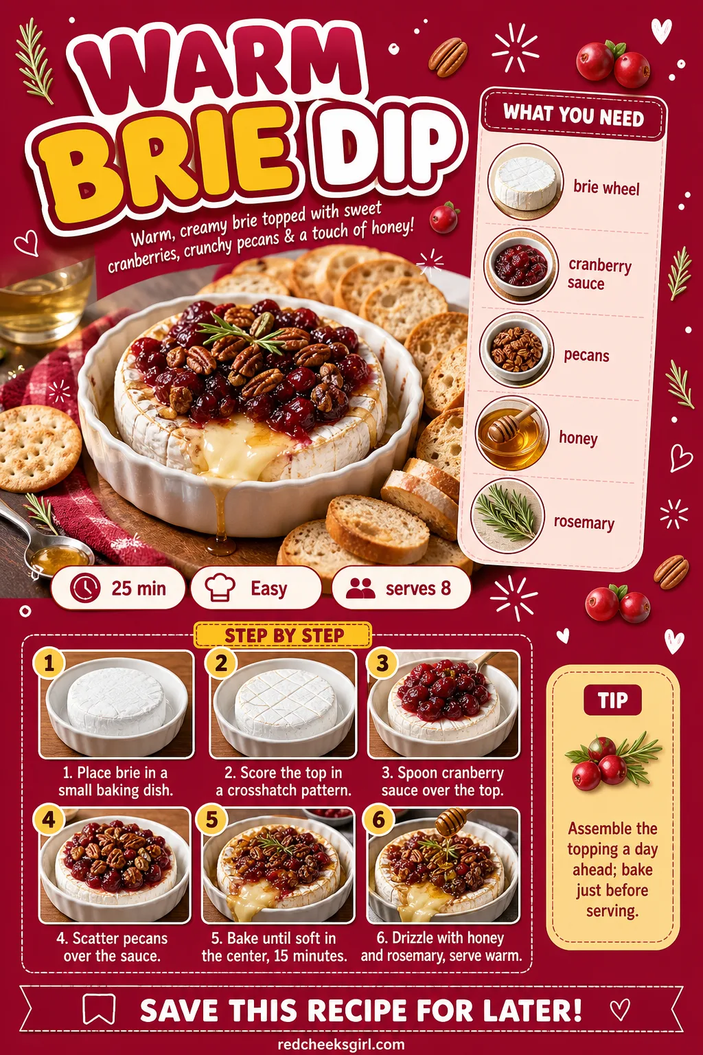 Warm Brie Dip Recipe Card printable sheet — Printable card with photo, ingredient list and method for warm brie dip. Christmas dips and appetizers