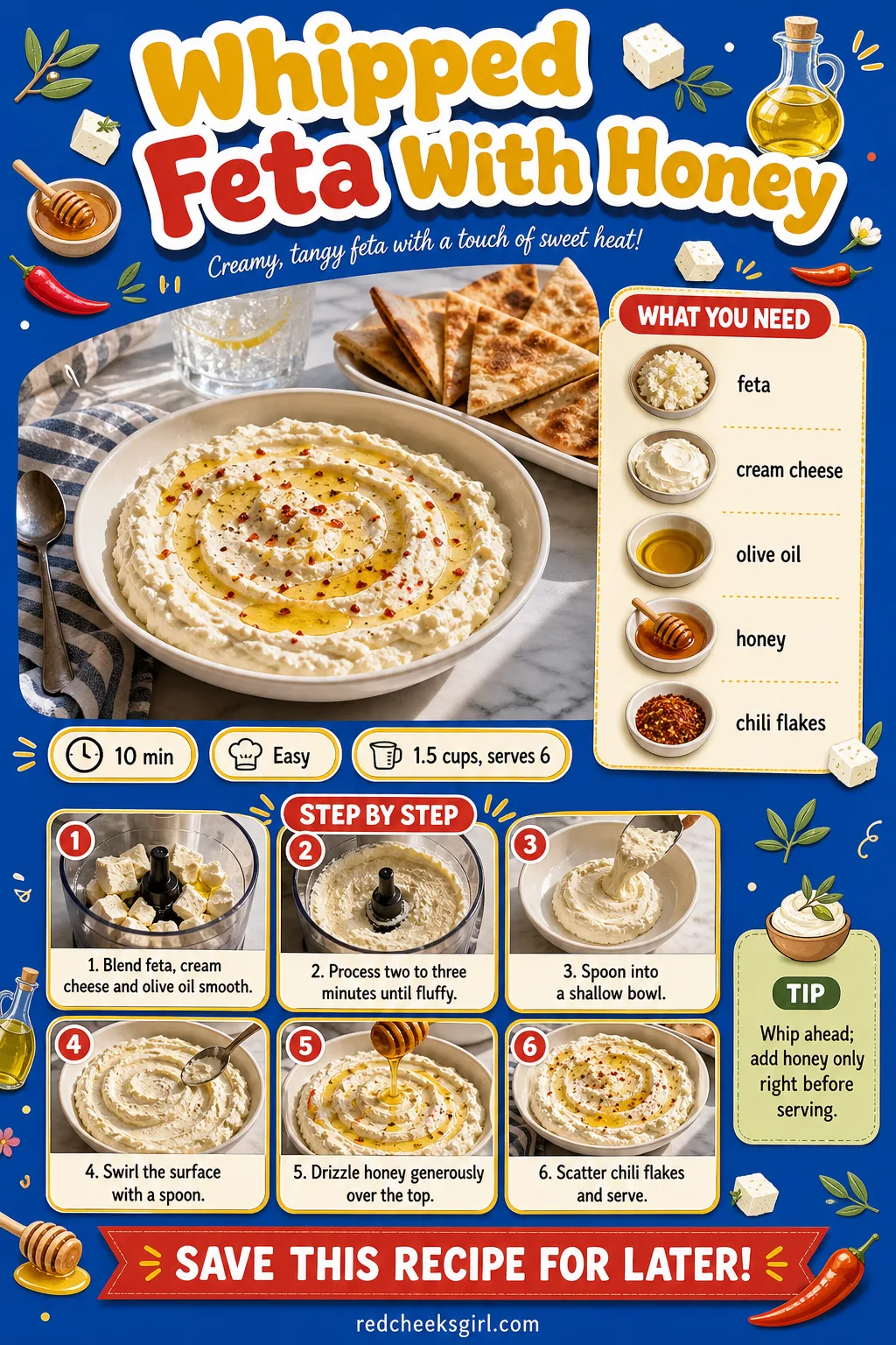 Whipped Feta With Honey Recipe Card printable sheet — Printable card with photo, ingredient list and method for whipped feta with honey. Christmas dips and