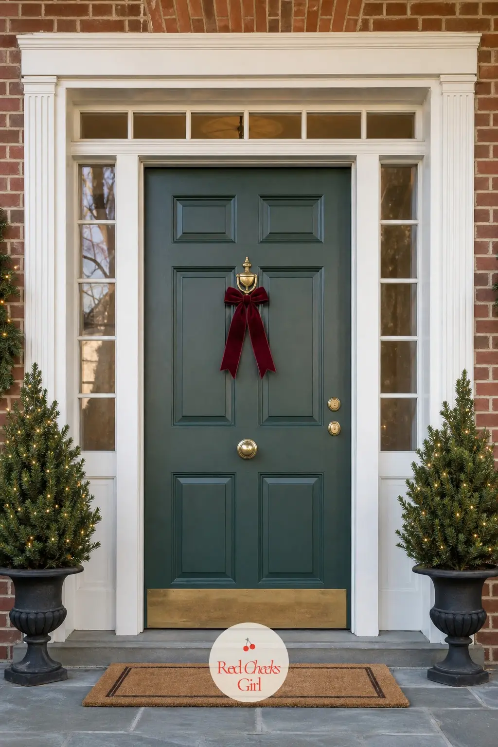 A Burgundy Velvet Bow Tied to the Door Knocker — A brass door knocker takes a single burgundy velvet bow at its neck, tied once and left to hang rather than