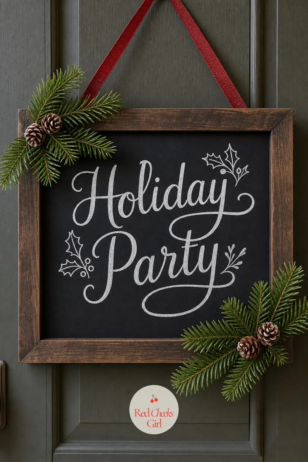A Chalkboard Message Panel Framed in Fresh Fir — A small chalkboard sign hangs center-door with a line in white chalk script, fresh fir sprigs tucked around
