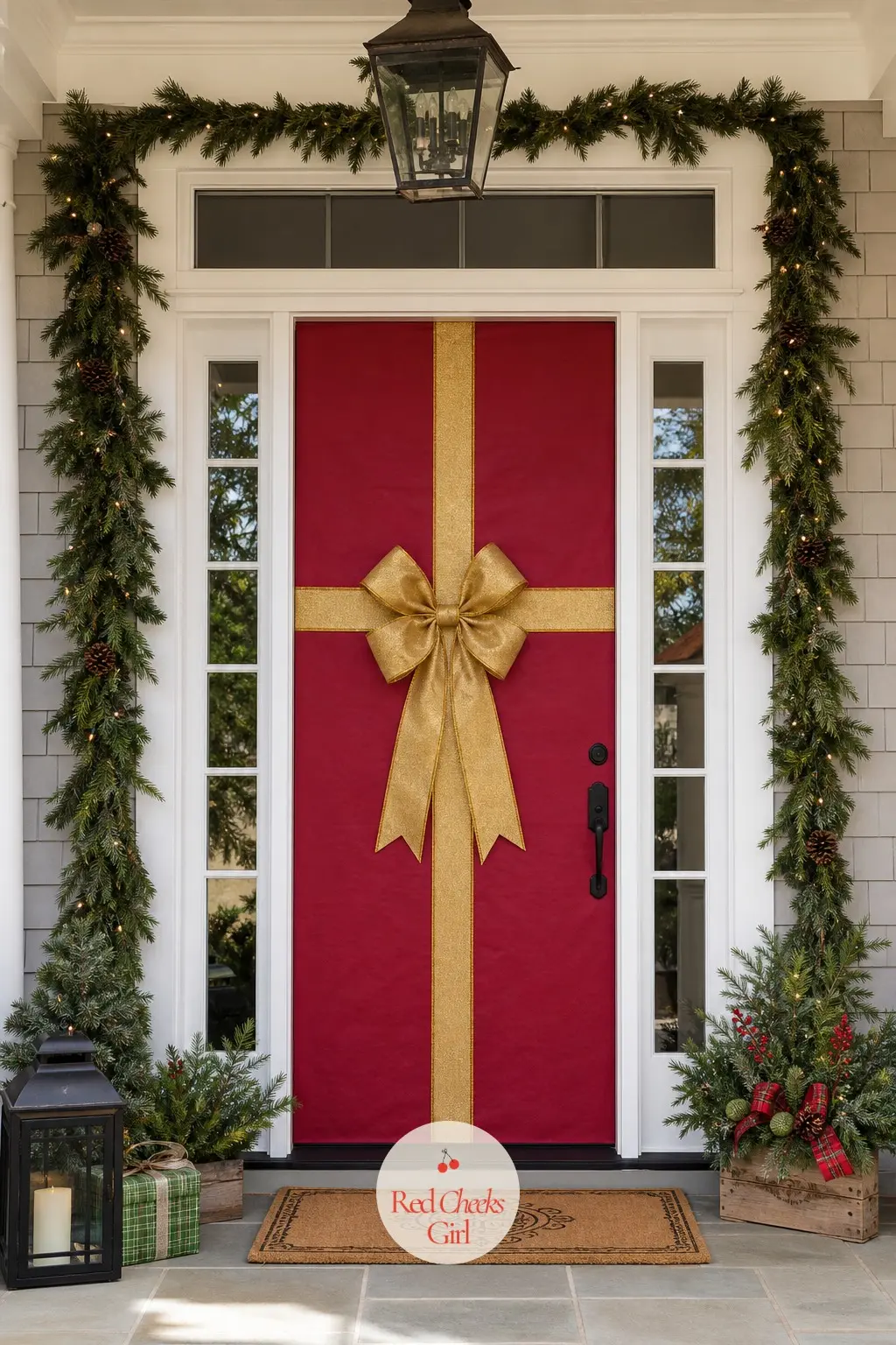 A Door Wrapped Entirely in Cranberry Paper With a Gold Ribbon Cross — Cover the whole slab in deep cranberry wrapping paper, wire-edged gold ribbon crossing it