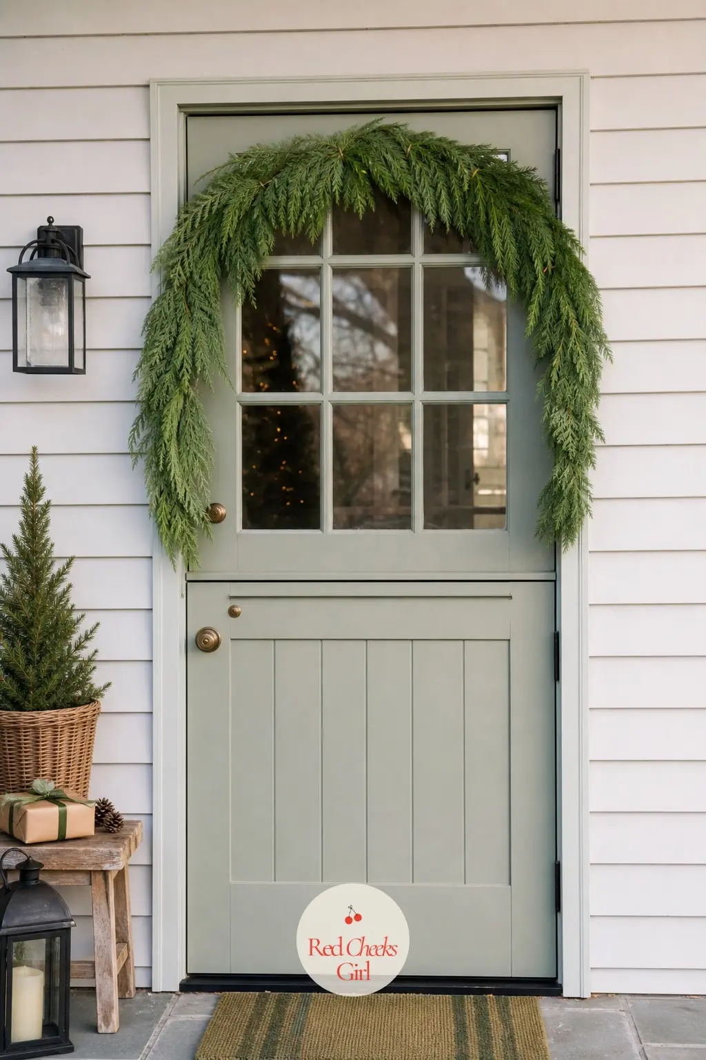 A Dutch Door Greenery Arc Across Just the Top Half — A Dutch door splits in two already, so dress only the top half: a cedar greenery arc with gold wire ties