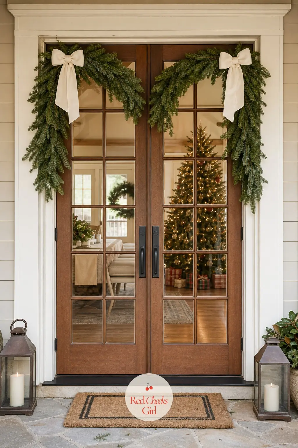 French Doors Dressed With Matching Noble Fir Swags — Each half of a pair of French doors takes an identical fresh noble fir swag, curved along the top corner
