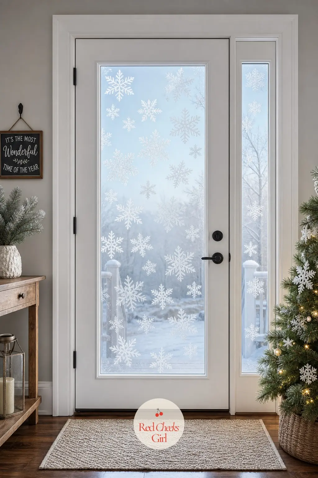 Frosted Snowflake Decals Across a Glass Door Pane — A door with a full glass pane takes frosted white snowflake decals scattered at different sizes, pale blue