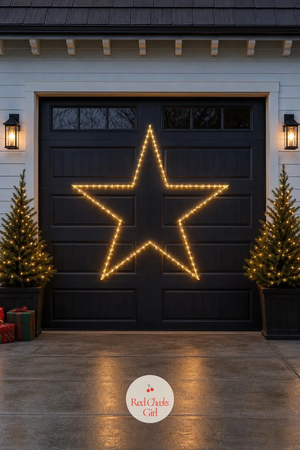 An Oversized Lit Star Centered on a Garage Door — A garage door facing the street gets a single oversized star in warm white bulbs, mounted dead center across
