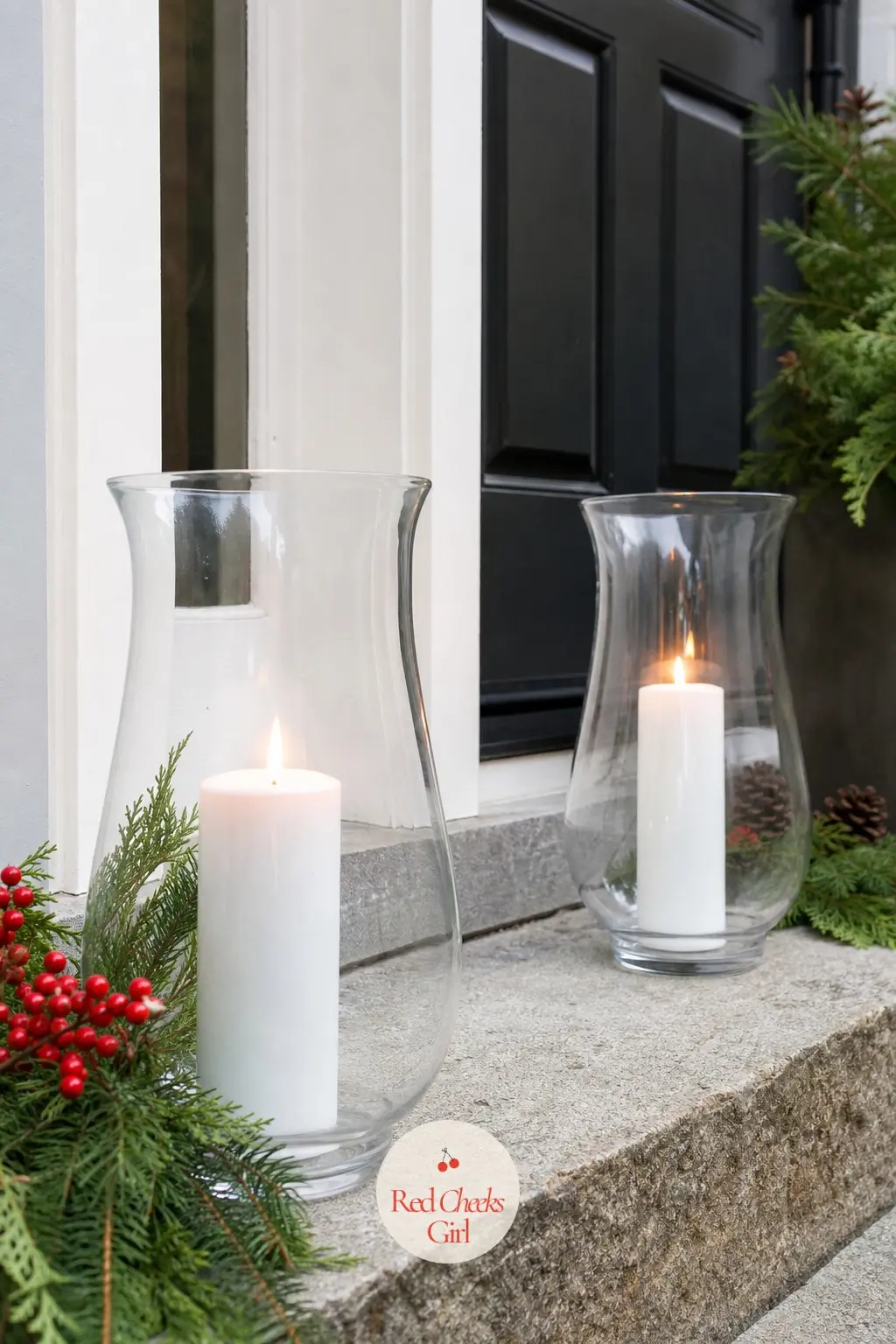 A Pair of Glass Hurricanes on the Top Step — Two clear glass hurricane vases, white pillar candles inside, sit directly on the top step either side of where a