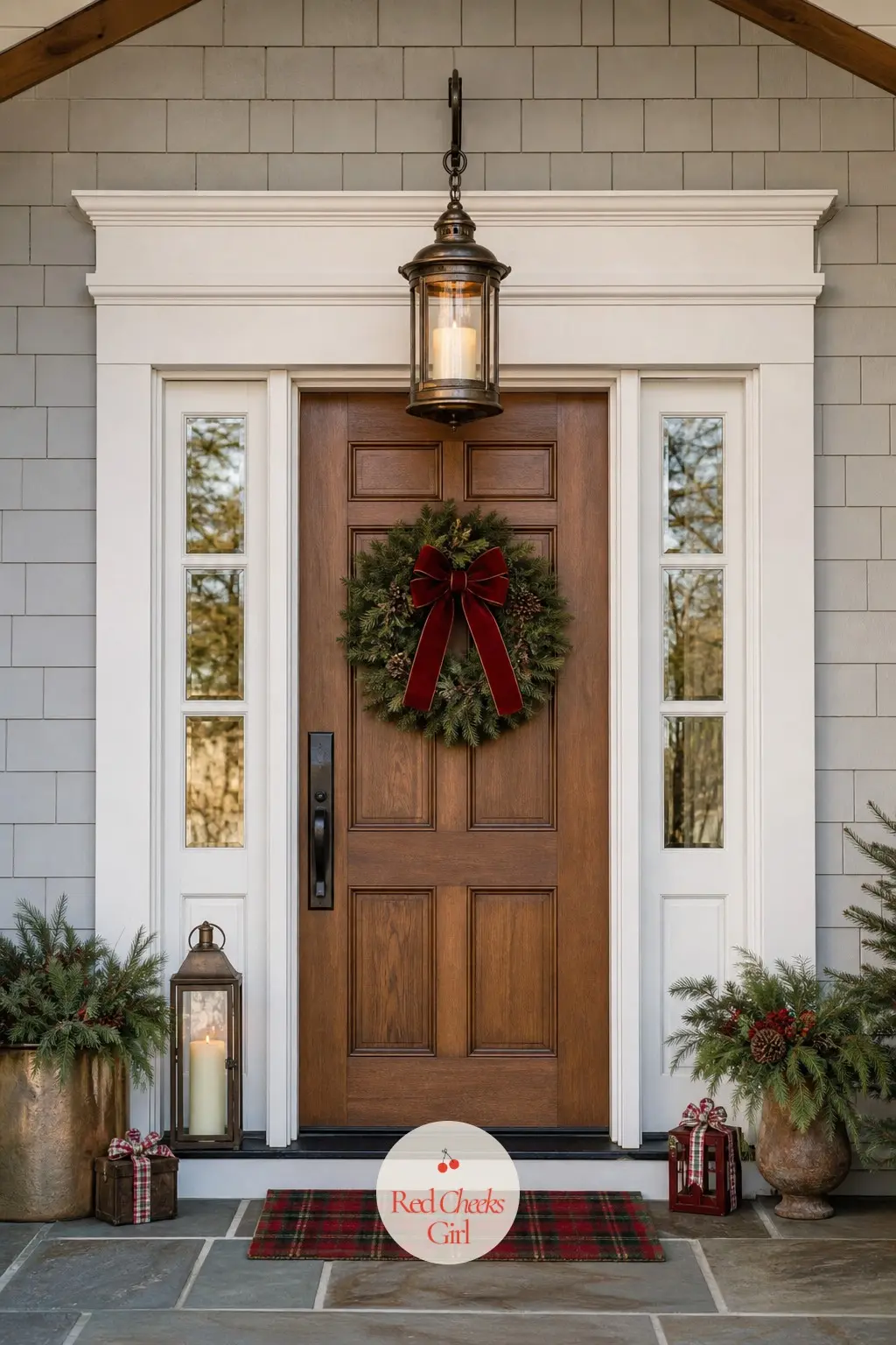 A Single Bronze Lantern Hung Centered Above the Door — One bronze lantern, a flameless candle glowing inside it, hangs from a short bracket mounted centered